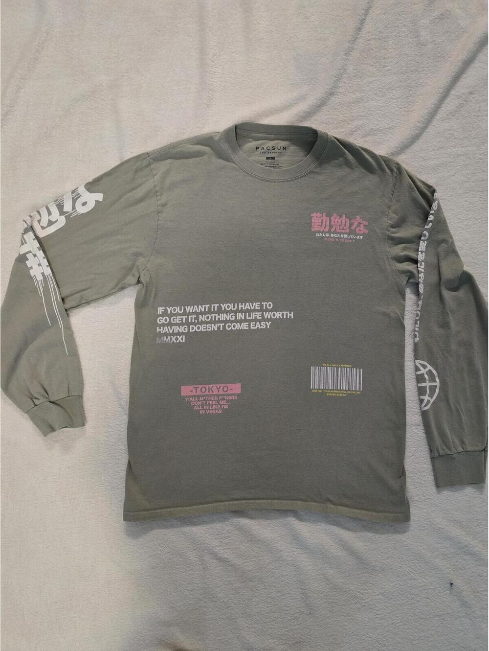 PacSun Long Sleeve Graphic Tee with Tokyo and Barcode Print